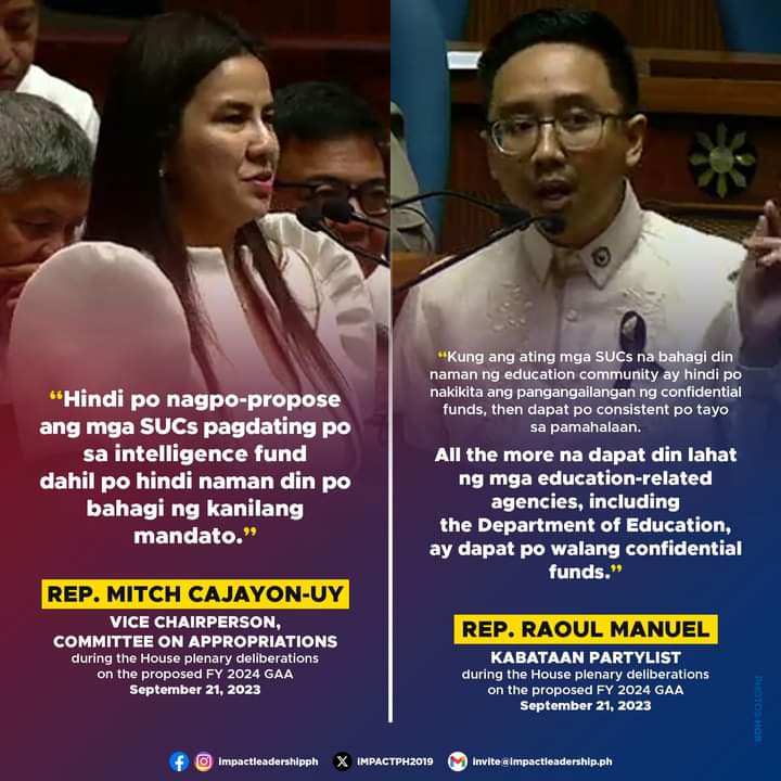 iMPACTPH2019's tweet photo. 'HINDI PO NAGPO-PROPOSE ANG MGA SUCs NG CONFINDETIAL FUNDS'

Kabataan Partylist Rep. Raoul Manuel asks if state universities and colleges (SUCs) are requesting for confidential funds since the Department of Education (DepEd) is requesting for such funds.

#BantayBudget2024 https://t.co/0VnPxvb9p4