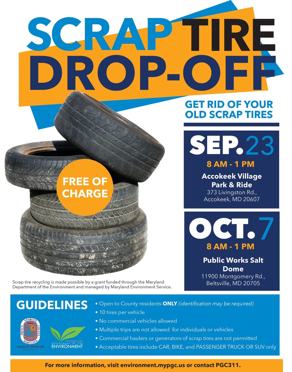 Join us tomorrow, Sept. 23 for Scrap Tire Drop-Off Day.

County residents can conveniently drop off &amp; dispose of up to 10 tires (per non-commercial vehicle), free of charge, 8 a.m. -1 p.m. at the Accokeek Village Park &amp; Ride.

Visit environment.mypgc.us or contact PGC311.