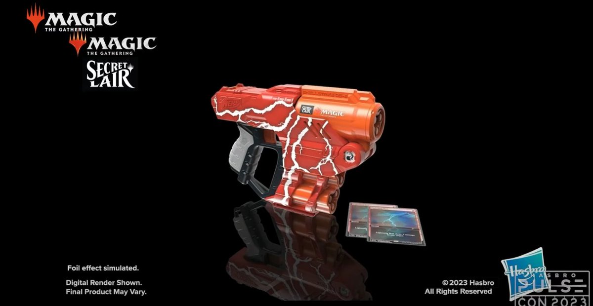 AliaDeschain's tweet image. #hasbropulsecon Adiós un Secret Lair Lightning Bolt, con una pistola lanzadora de dardos... por si se nos olvidaba de que Magic, the Gathering pertenece a una juguetera.