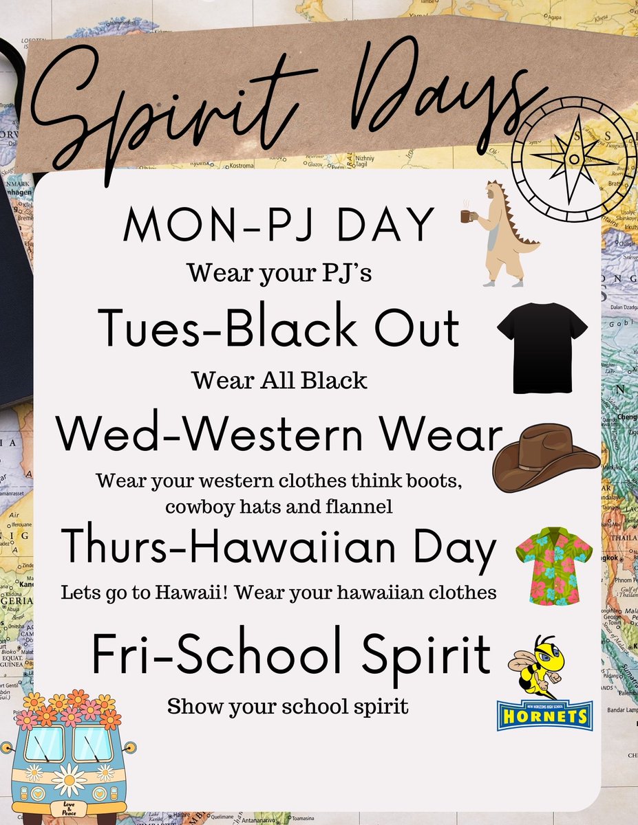 NewHorizonsHS's tweet photo. Hornets get ready to show your School Spirit!
Next week 9/25-9/29 is Spirit Week! https://t.co/Wfw8JNZ2Pm