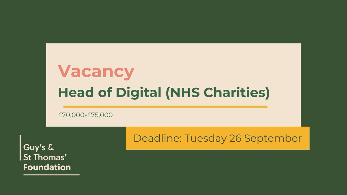 GSTTFoundation's tweet photo. 📣 Calling digital leaders! 

We're recruiting a Head of Digital for our 3 NHS Charities. You'll lead a high-performing team to deliver high impact digital marketing, content and products to achieve our fundraising and supporter goals. 

✨ Apply here:
https://t.co/Dy2GkiFQc5 https://t.co/ILCAxiY8Qu