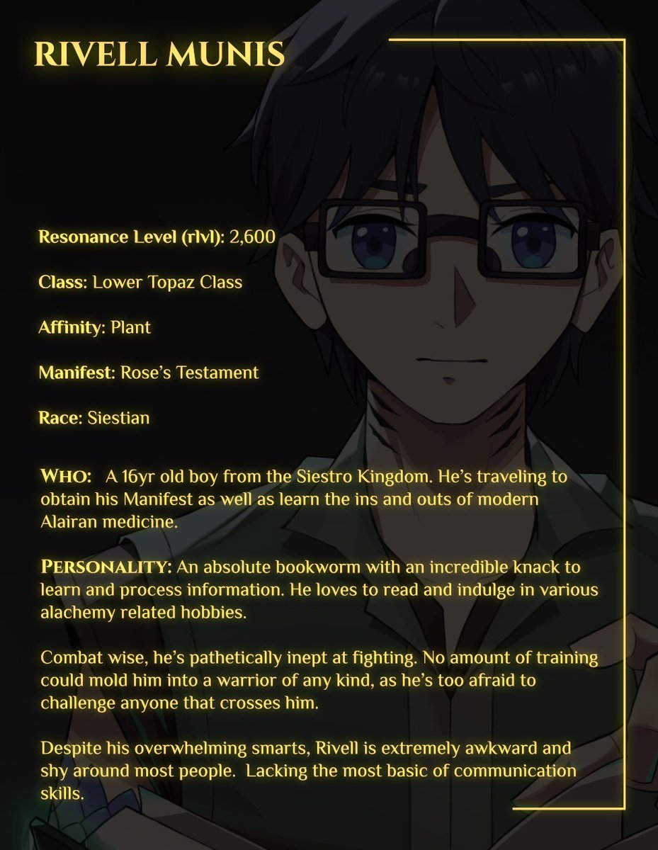 Character Profile: Rivell Munis

Join him on his many adventures in Manifest War!! Follow for more content like this!

Read the novel here: royalroad.com/fiction/74347/…

Artwork by: <a href="/yirienkaki/">Yirienkaki | COMMS OPEN</a>