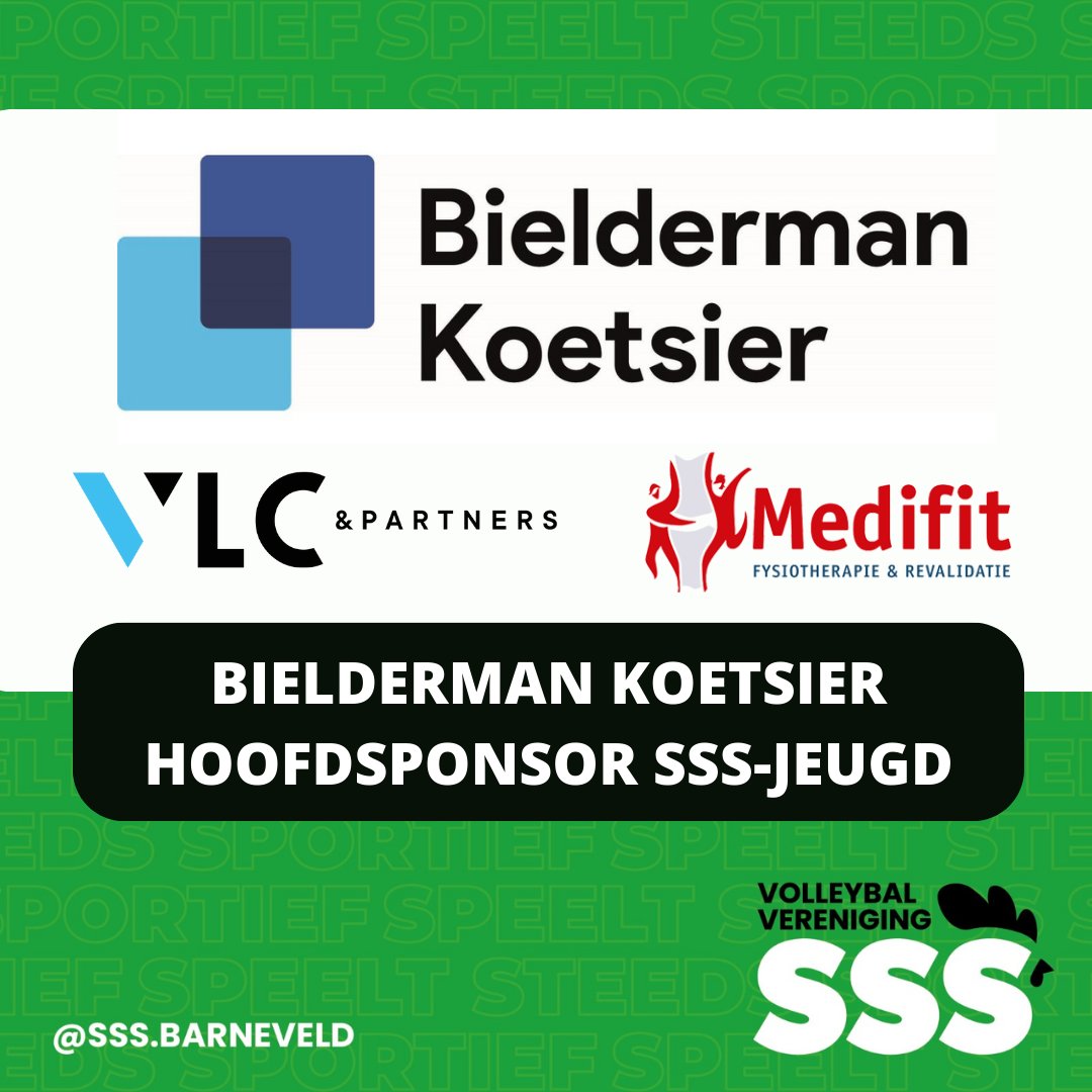 De volledige jeugd van SSS heeft de komende drie jaar Bielderman Koetsier als hoofdsponsor 🥳💚 
Bielderman Koetsier komt op de nieuw te verschijnen shirts voor alle jeugdspelers, samen met cosponsors <a href="/Medifit_0342/">Medifit Barneveld</a> en VLC &amp; partners. tinyurl.com/at75ncu8