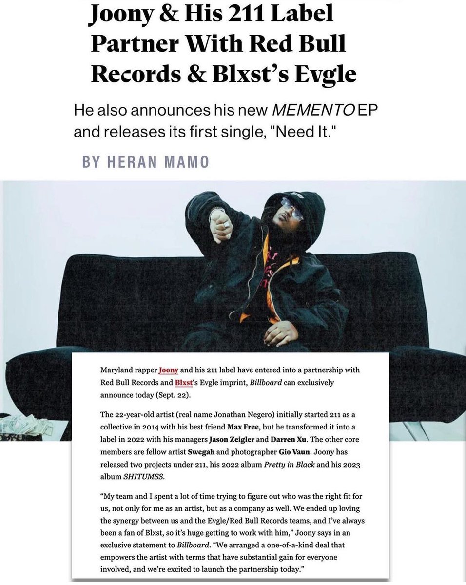 EVGLE welcomes <a href="/joonyoftv/">joony</a> &amp; 211 to the family 🦅 Stream the single “Need It” from Joony’s upcoming EP, Memento 💿 Available October 20th!:
joony.ffm.to/memento?fbclid…

✍🏽: <a href="/billboardpro/">billboard pro</a> <a href="/heranmamo/">heran mamo / ሄራን ማሞ</a>