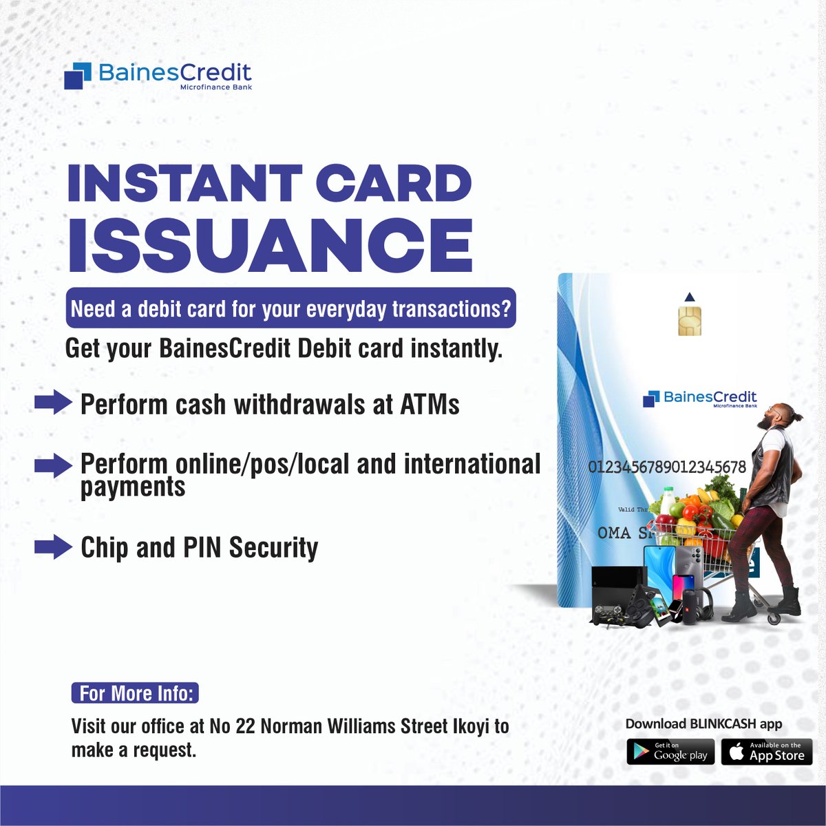 bainescredit's tweet photo. Why wait when you can have it now?
 You no longer have to wait 3-5 working days to get your debit card.
 Visit our office at 22 Norman Williams street Ikoyi to pick up an instant card.
#instantcard #debitcard #atm #shopping #flex #office #ikoyi #Lagos #savings #blinkcash #POS https://t.co/BUJZdJhb5R