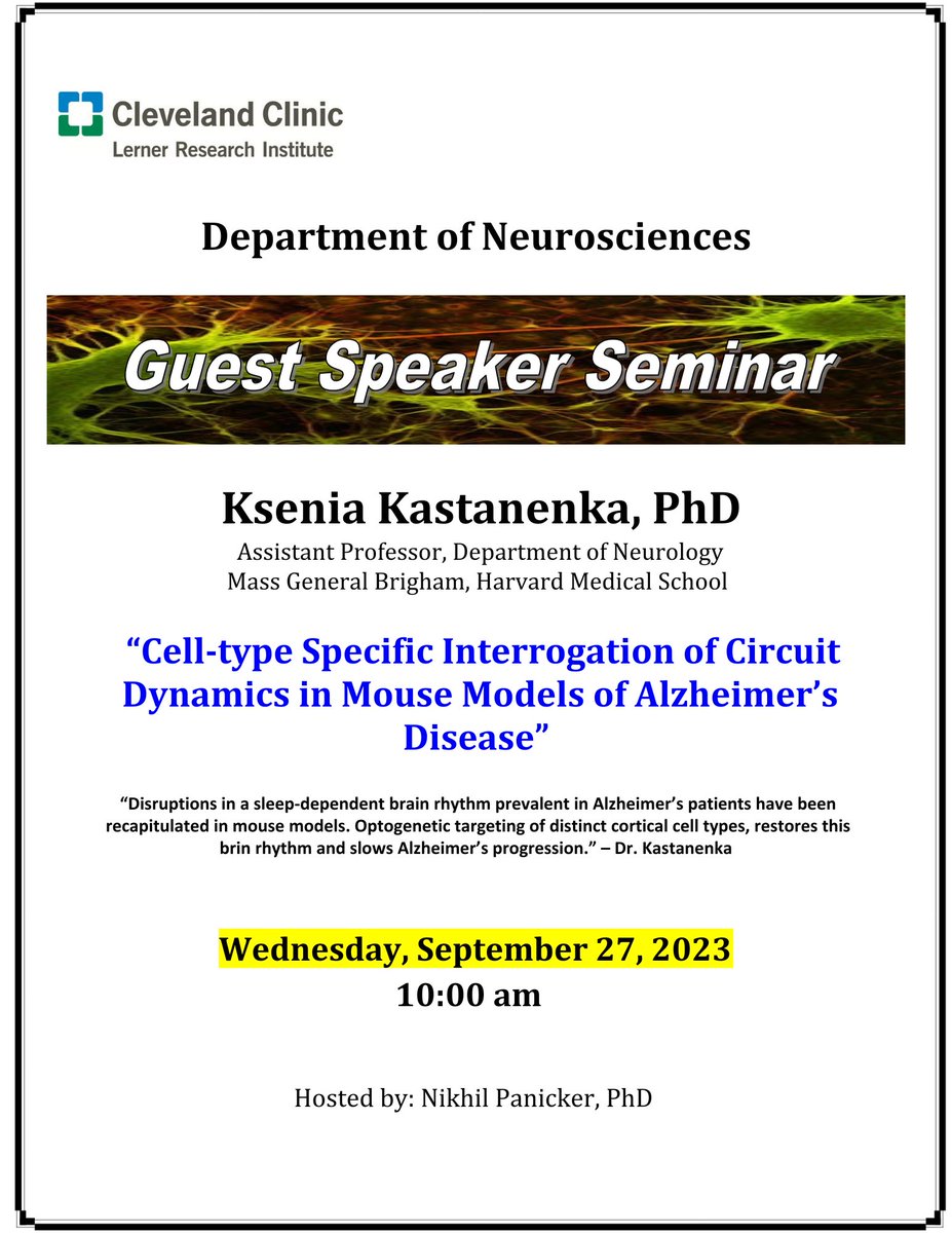 Next week, Dr. Kastanenka is back on the road! We greatly appreciate the opportunity afforded by the Cleveland Clinic to share some of the new and exciting findings within our lab and around the field of AD research. Thank you <a href="/NikhilPanicker2/">Nikhil Panicker</a> for hosting the seminar!