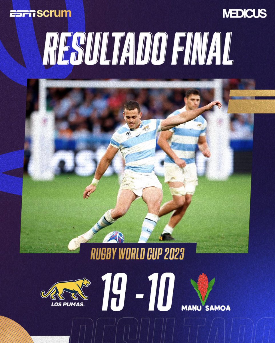 🏉🇦🇷 Llegó el primer triunfo de #LosPumas en el mundial de Francia
🔝 triunfo importante 19-10 frente a Samoa🇼🇸 para meterse en la pelea del grupo D
🏆 Emiliano Boffelli convirtió 16 puntos
🔜🆚 El próximo desafío Chile 🇨🇱 Sábado 30/9
#SomosLosPumas #RWCxESPNenStarPlus