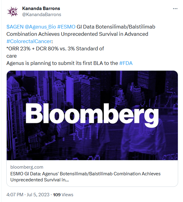 KanandaBarrons's tweet photo. $AGEN @Agenus_Bio  Another milestone towards an ever closer first regulatory submission for the botensilimab/balstilimab combination in colorectal cancer &amp; global accelerated approval strategies for CRC. https://t.co/kPPclYpdwH