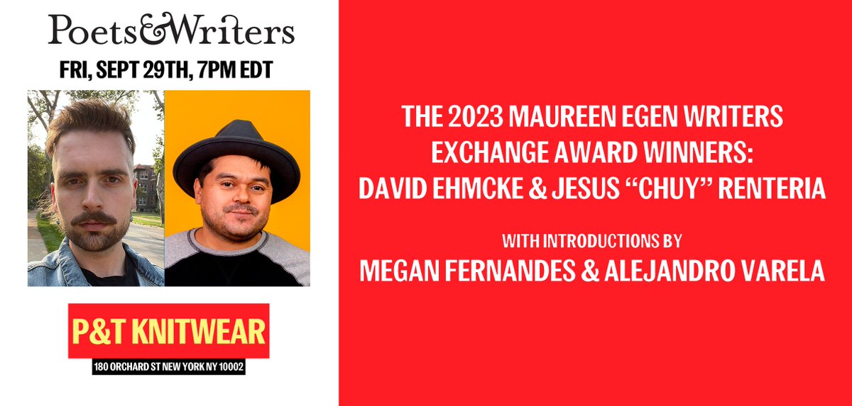 poetswritersinc's tweet photo. On Friday, join us to celebrate the winners of the 2023 #WEXAward at @ptknitwear in #NYC. Iowa writers Jesus “Chuy” Renteria &amp; David Ehmcke @jimmyfallonsbf will read from their work, with intros by judges @mfernandespoet &amp; @drovarela. https://t.co/phfe4ZXgt6 #LitEvent #AmWriting https://t.co/UUIKqJo5Zs