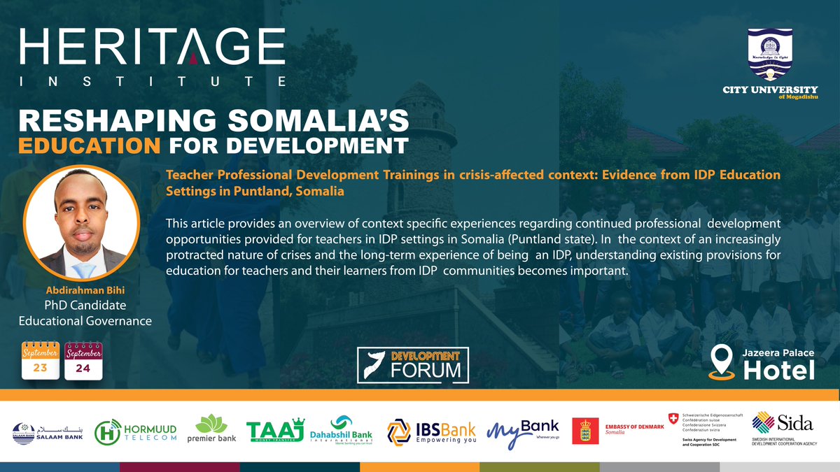 Abdirahman Bihi (<a href="/BihiHanaf/">Abdi bihi</a>) is among the participants of the Development Forum on Education "Reshaping Somalia's Education For Develoment." and he will be presenting his paper on "Teacher Professional Development Trainings in crisis-affected context: Evidence from ID Education
