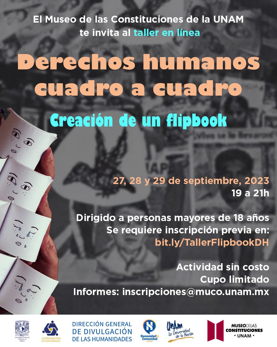 enp_unam's tweet image. ¿Te interesa la #Animación y los #derechoshumanos?
No te pierdas el taller en línea de #flipbook este 27, 28 y 29 de septiembre.

🔸Actividad sin costo.
🔸Se requiere inscripción en bit.ly/TallerFlipbook…
🔸Informes: inscripciones@muco.unam.mx