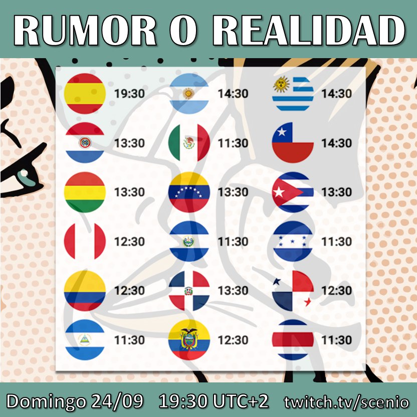 ScenioTv's tweet photo. Nueva cita con 'Rumor o Realidad' el domingo 24 de septiembre a las 19:30h en el Twitch de @sceniotv. Con @andreaperaltaso y @Weepin_Angels y la colaboración de @WaterHacker y Elisa Huertas. 

Esta semana @thinktwiceshow como experto en #economía y @p_de_urgencias como invitada. https://t.co/TOet3UuLrv