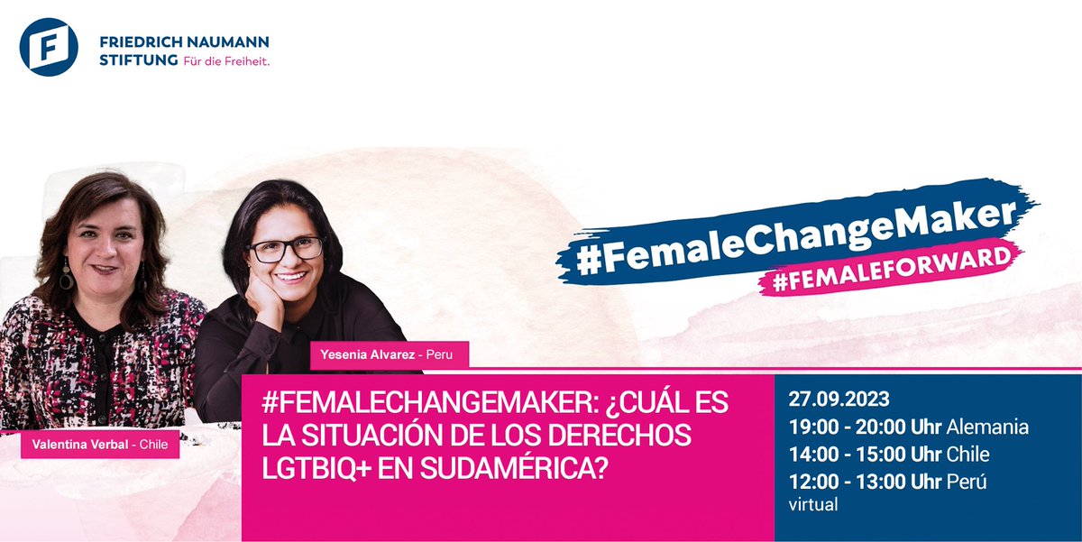 FNFLatinAmerica's tweet photo. En la serie #femalechangemakers @yesiyeat de 🇵🇪 y Valentina Verbal de 🇨🇱 analizan los obstáculos que impiden avanzar en la defensa de los derechos LGBTIQ+ 🏳️🌈 en su región.
📲Para #inscribirte escríbenos a paises.andinos@freiheit.org con tu nombre, apellido y correo electrónico. https://t.co/d35ov9yzo0