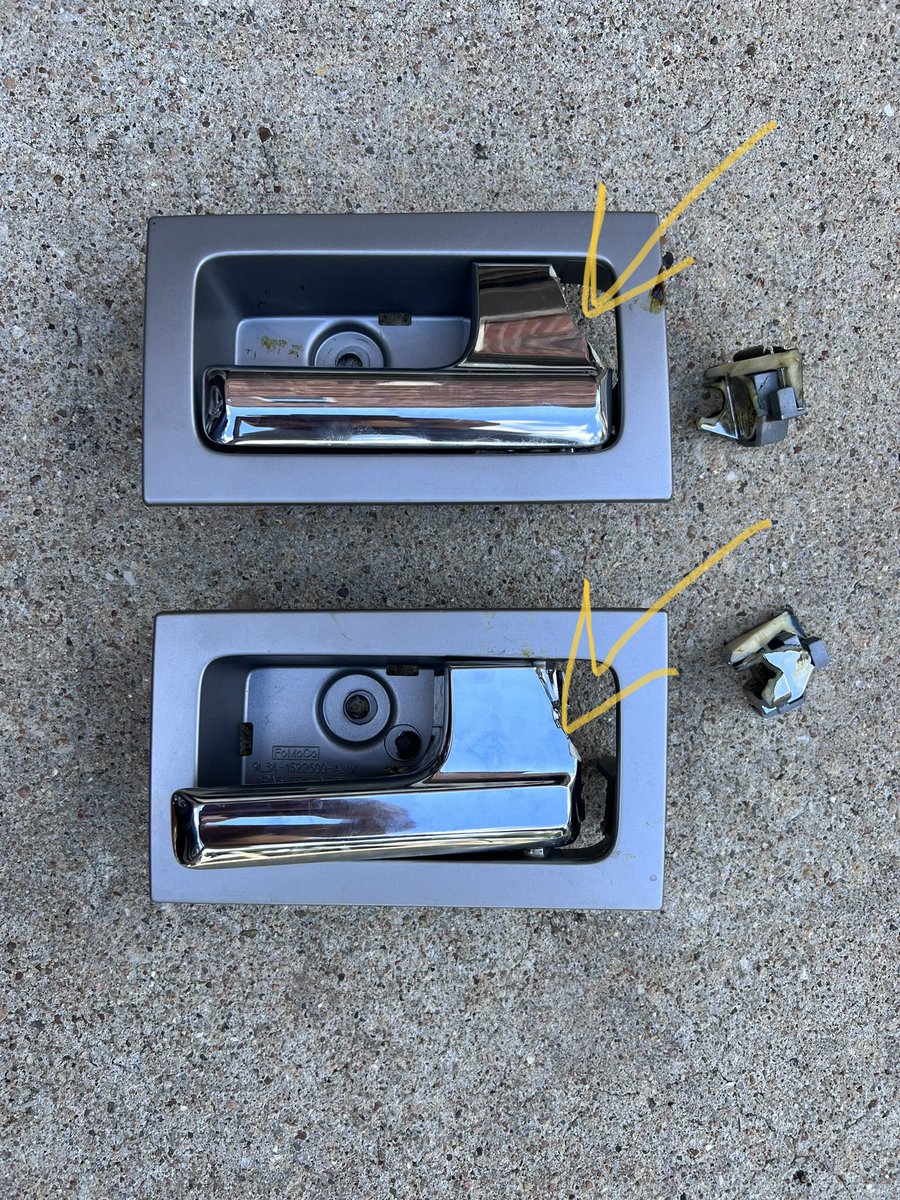 Greg Mueller (@gregacrodunk) on Twitter photo Question <a href="/Ford/">Ford Motor Company</a> Is this a coincidence or is this a “thing” that both my front and rear passenger door handles broke in the same spot within 3 days of each other? Question <a href="/Ford/">Ford Motor Company</a> Is this a coincidence or is this a “thing” that both my front and rear passenger door handles broke in the same spot within 3 days of each other?