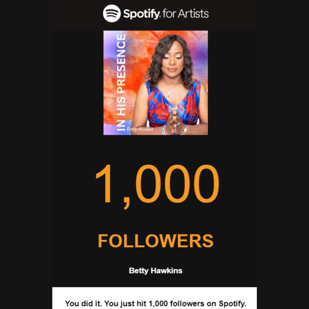 Just hit a milestone on <a href="/Spotify/">Spotify</a>! Thanks to all of you amazing music lovers out there, we've reached 1000 followers! Your support means the world to us, and we can't wait to keep sharing our #music with you. Let's keep the music vibes flowing! #foryou #viral #Gospel #followers