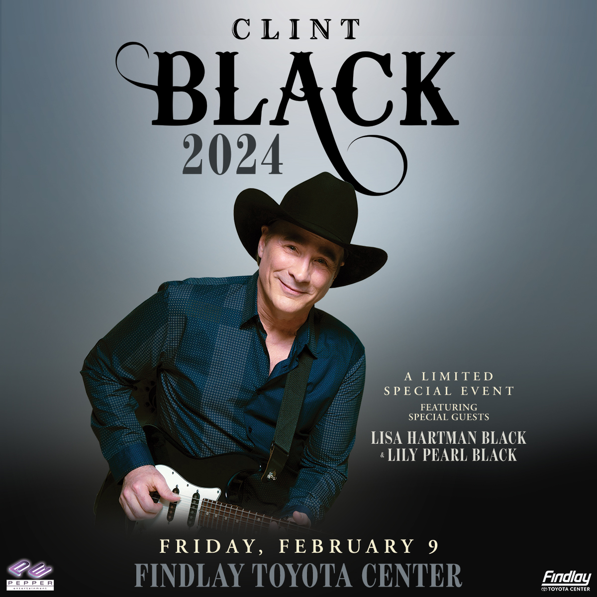 🔥ON-SALE NOW🔥
Pepper Entertainment Presents
<a href="/Clint_Black/">Clint Black</a>  with special guests <a href="/lisahbofficial/">Lisa Hartman Black</a> and <a href="/lilypblack/">Lily Pearl Black</a> 
February 9th
Get your tickets >>bit.ly/48hvpFl