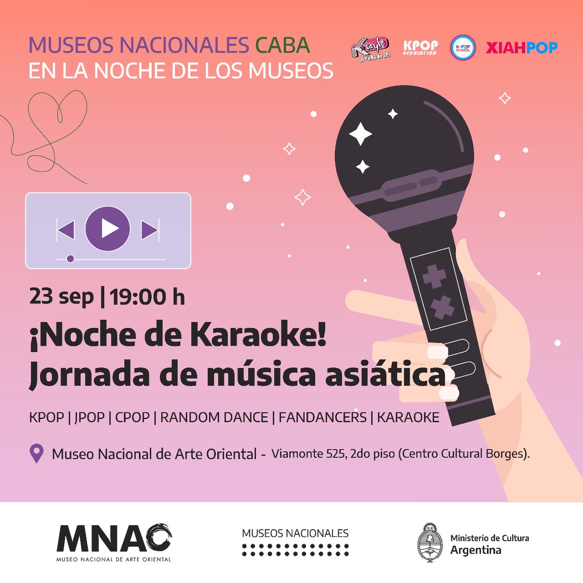 🎤¡Esta Noche de los Museos, vení al MNAO a divertirte con tus amigxs y a cantar y bailar tus canciones preferidas de Kpop, Jpop y mucho más!

🎵Además, habrá bloques de random dance, para seguir las coreografías de las canciones y bailar en conjunto.