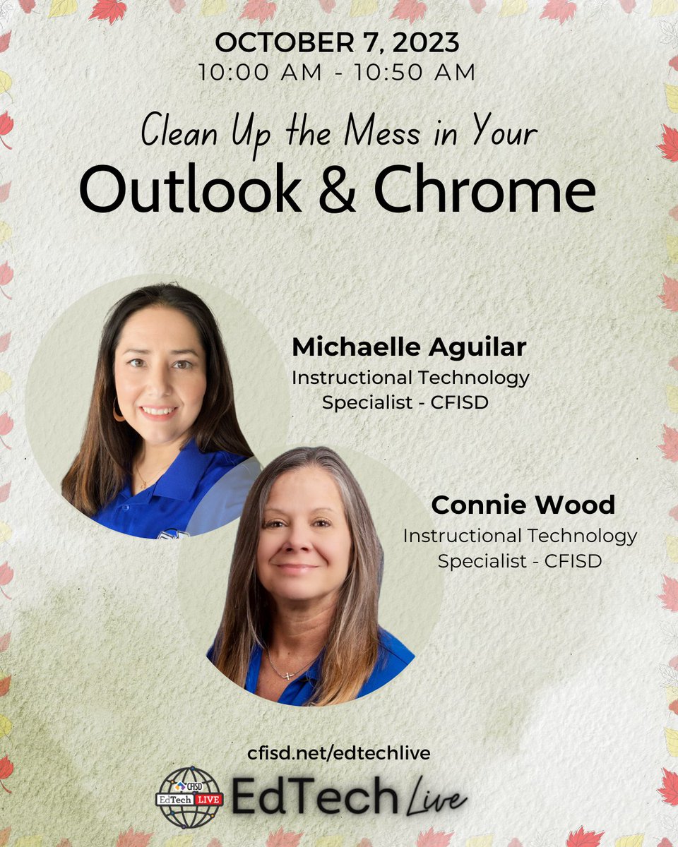 CyFairEdTech's tweet image. 🤯🤯Frustrated w/ 1000s of emails &amp;amp; can't find what U need quickly? 🛑Help is on the way🫂

💻@MichaelleCFISD &amp;amp; @conniewood2018 gets your Outlook &amp;amp; Chrome clean as a whistle‼️

🚦SAT 10/7 9-12 noon CST-Free PD

#lrnchat #edchat #BYOD #edapps #k12 #ntchat