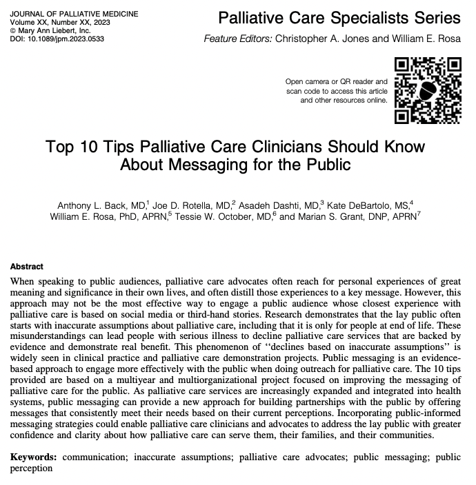 🚨🎆Our new @PalliativeMed_j Top 10 tips article➡️what #PalliativeCare clinicians should know about messaging for the public📢 Led by an incredible author team & supported by @CambiaHealthFdn & @johnahartford🔗: liebertpub.com/doi/10.1089/jp…. DM for full article.