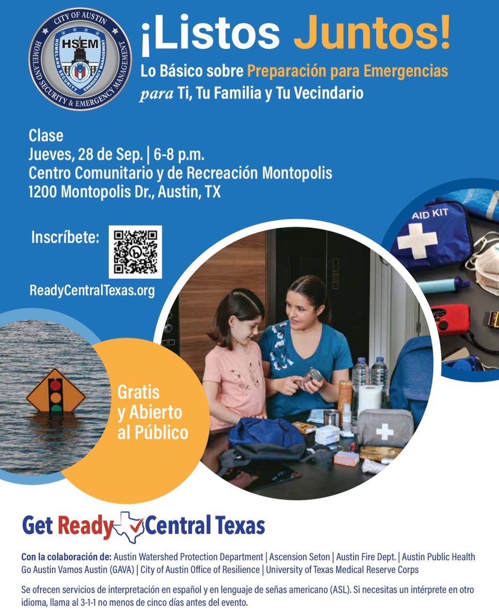 UTMedCorps's tweet photo. UTMRC is partnering with Austin Resilience Hub, GAVA, and Austin Public Health to conduct a general preparedness training event! 

This event is free and everyone is welcome to attend! Please sign up using the QR code. https://t.co/Dtk0tSw3Dd