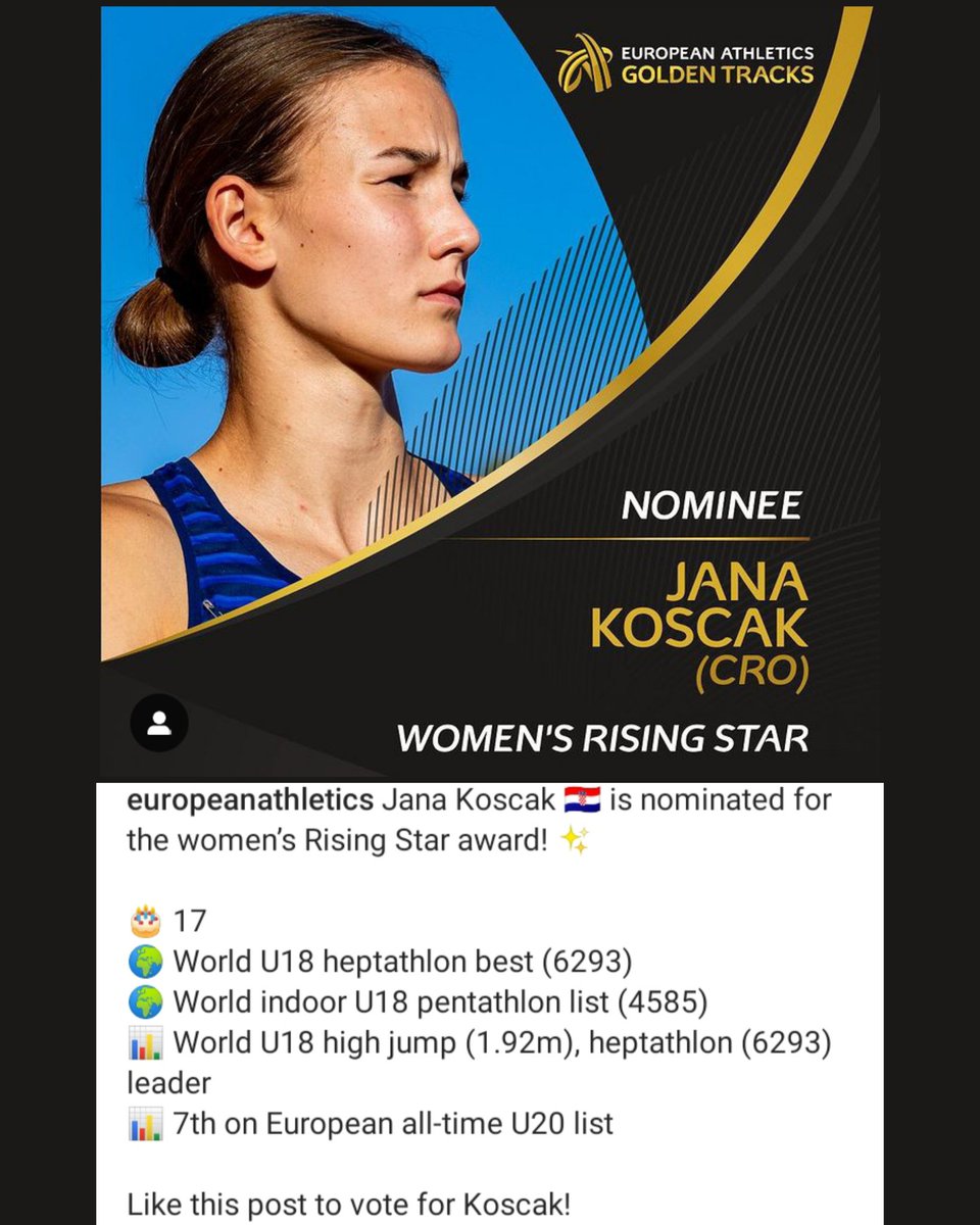 Lajkajte post na IG-u od europeanathletics i time automatski glasujte za našu Janu Koščak koja je nominirana za najbolju mladu atletičarku Europe. 10 je kandidatkinja, a Jana je po glasovima trenutno na 2. mjestu. Jana zaslužuje glas zbog svega što je postigla sa samo 17 godina.