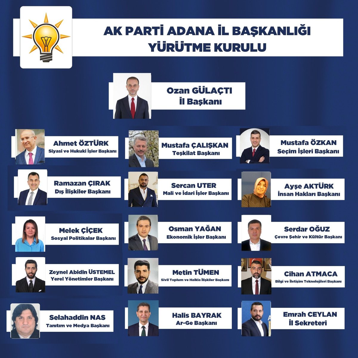 Ak Parti Adana İl Başkanımız Sayın Ozan Gülaçtı Başkanlığında oluşturulan 
İl Yürütme Kurulunun #AKParti'mize, güzel şehrimiz #Adana’mıza ve milletimize hayırlı uğurlu olmasını temenni ediyorum 🤲