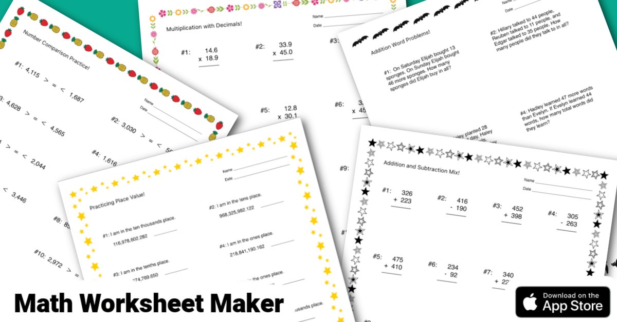 LearnEd_Apps's tweet image. Infinite unique math worksheets for $0.99! Create and send right from your phone in less than 1 minute!  Addition, subtraction, place value, multiplication, division, fractions, word problems, and more! apps.apple.com/us/app/math-wo…… #math #teachMath #teachers #elementary #school #K12