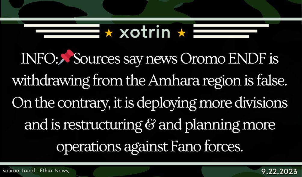 xotrinx1's tweet photo. INFO:๐Sources say news Oromo ENDF is withdrawing from the Amhara region is false. On the contrary, it is deploying more divisions and is restructuring & and planning more operations against Fano forces.
#Ethiopia #xotrinx #-Amhararegion #Fanoforces #OromOENDF https://t.co/aRm1tm8YFe