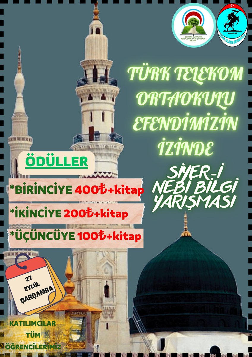 Türk Telekom Ortaokulu (@tto58akincilar) on Twitter photo O'nu örnek almadıkça insanlık huzur bulamaz...
TÜRK TELEKOM ORTAOKULU EFENDİMİZİN İZİNDE,
SİYER-İ NEBİ BİLGİ YARIŞMASI...
<a href="/tcmeb/">Millî Eğitim Bakanlığı</a> <a href="/Yusuf__Tekin/">Yusuf Tekin</a>
<a href="/sivasvaliligi/">Sivas Valiliği</a> <a href="/valisimsek/">Yılmaz Şimşek</a>
<a href="/sivasmem/">Sivas Millî Eğitim Müdürlüğü</a> <a href="/necatiyener_/">Necati YENER</a>
<a href="/ALarmeb/">Akıncılar İlçe Milli Eğitim Müdürlüğü</a> <a href="/baybalci60/">Şaban Balcı</a> <a href="/SenelCoskun58/">ŞENEL COŞKUN</a>
<a href="/cedesturkiye/">cedesturkiye</a> O'nu örnek almadıkça insanlık huzur bulamaz...
TÜRK TELEKOM ORTAOKULU EFENDİMİZİN İZİNDE,
SİYER-İ NEBİ BİLGİ YARIŞMASI...
<a href="/tcmeb/">Millî Eğitim Bakanlığı</a> <a href="/Yusuf__Tekin/">Yusuf Tekin</a>
<a href="/sivasvaliligi/">Sivas Valiliği</a> <a href="/valisimsek/">Yılmaz Şimşek</a>
<a href="/sivasmem/">Sivas Millî Eğitim Müdürlüğü</a> <a href="/necatiyener_/">Necati YENER</a>
<a href="/ALarmeb/">Akıncılar İlçe Milli Eğitim Müdürlüğü</a> <a href="/baybalci60/">Şaban Balcı</a> <a href="/SenelCoskun58/">ŞENEL COŞKUN</a>
<a href="/cedesturkiye/">cedesturkiye</a>
