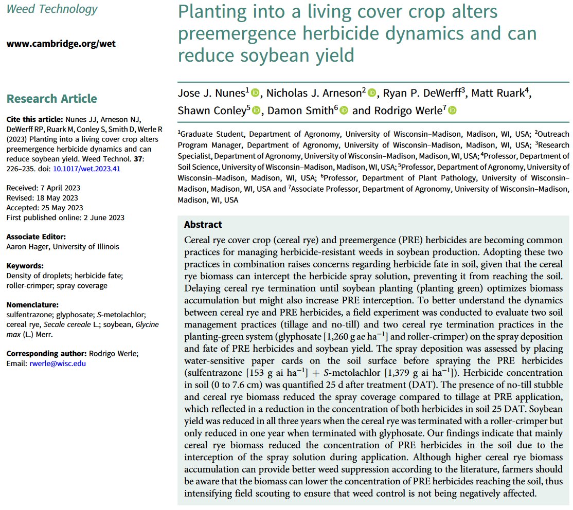 Rodrigo Werle (@wiscweeds) on Twitter photo Planting into a living cover crop alters preemergence herbicide dynamics and can reduce soybean yield. <a href="/JoseJr_Nunes/">Jose Junior Nunes</a> et al. (2023) #OpenAccess
🔗 doi.org/10.1017/wet.20… Planting into a living cover crop alters preemergence herbicide dynamics and can reduce soybean yield. <a href="/JoseJr_Nunes/">Jose Junior Nunes</a> et al. (2023) #OpenAccess
🔗 doi.org/10.1017/wet.20…
