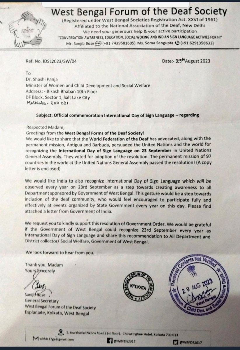 PankajsoniKumar's tweet photo. "On Aug 29, 2023, we, WBFDS, requested Dr. Shashi Panja's Minister of WCD &amp; SW recognition of International Sign Language Day, but received no response."#signlanguageday 
@MamataOfficial @wbdhfw @PMOIndia @narendramodi @MSJEGOI @MoHFW_INDIA @india_nad @WFDeaf_org @WBFDS2017 https://t.co/I06wCBx0eY