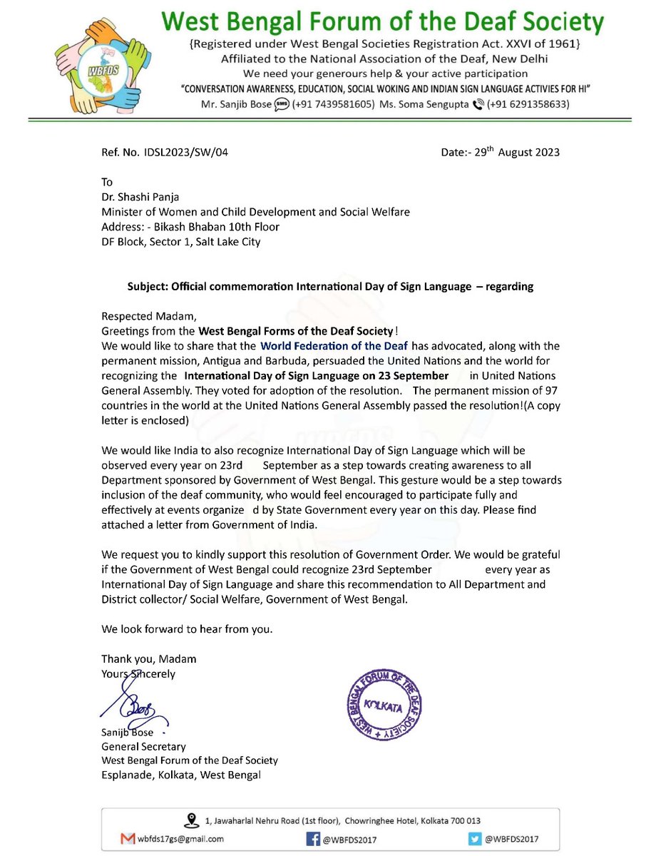 PankajsoniKumar's tweet photo. "On Aug 29, 2023, we, WBFDS, requested Dr. Shashi Panja's Minister of WCD &amp; SW recognition of International Sign Language Day, but received no response."#signlanguageday 
@MamataOfficial @wbdhfw @PMOIndia @narendramodi @MSJEGOI @MoHFW_INDIA @india_nad @WFDeaf_org @WBFDS2017 https://t.co/I06wCBx0eY