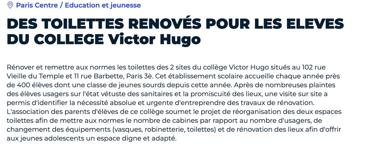 parentsVHugo's tweet photo. #BudgetParticipatif #CollègeVictorHugo Votez nombreux pour le projet de réfection des toilettes du site Barbette (R. Barbette), qui accueille nos 6èmes &amp; 5èmes. 🙏 Les toilettes du site Epernon ont été rénovées cet été : nos enfants en sont ravis !🚽🧻🪠
https://t.co/GKHmdLnjWe https://t.co/kYvr4C9OA8