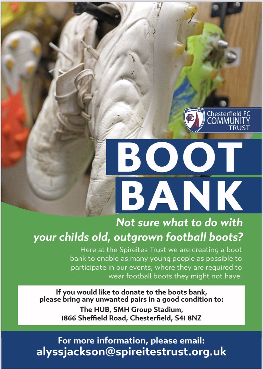 Please don’t throw away your old and outgrown boots! ⚽️

We would love to collect as many pairs as possible, to ensure everyone can take part in our football events and sessions 🤗 

See the flyer below for how you can help by donating to the Trusts Boot bank👇🏼🔵