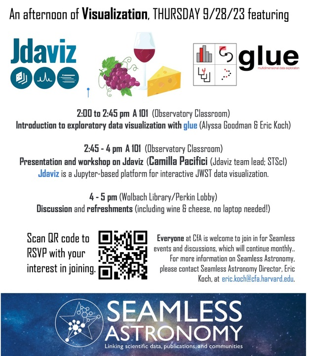 AlyssaAGoodman's tweet photo. Dear @CenterForAstro astronomy/visualization/@adsabs fans-- please do join @stsci's  @cami_pacifici @SeamlessAstro Director Eric Koch &amp; me for some SNACKS, Visualization discussions, and more this Thursday! (in-person) Register your interest at https://t.co/snEAIOhTwc https://t.co/43VT8qE5wr