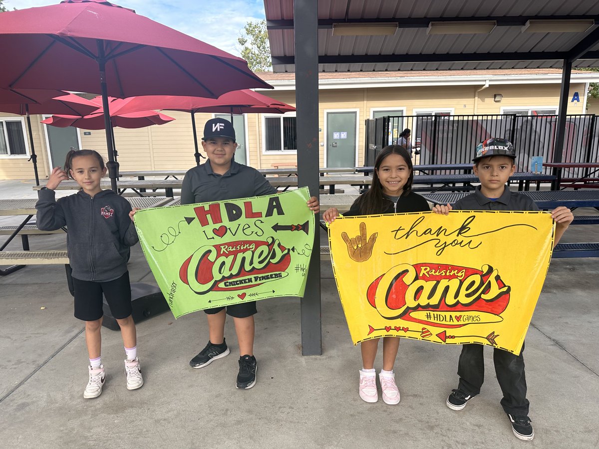 Don't forget to stop by Cane's in Hemet today, Friday September 22nd, from 4-7 pm! 
Mention HDLA to support our THIRD GRADE FUNDRAISER! Thank you for all the support!
#HDLAtoros
#TheHUSDway