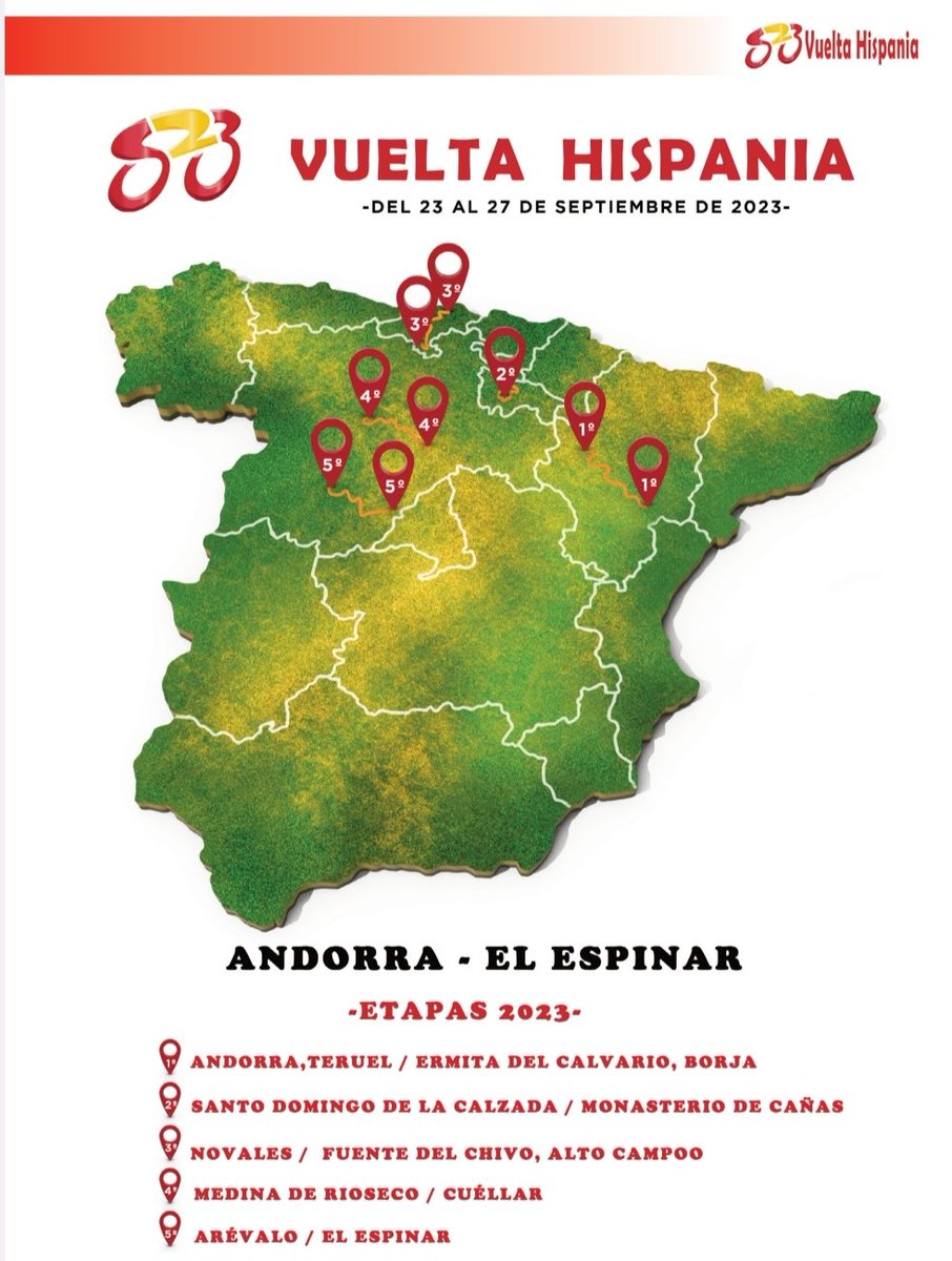 🎯 Mañana sábado dará comienzo la II edición de la <a href="/VueltaHispania/">Vuelta Hispania</a> Sub23. 

🛣️ Cinco etapas con todo tipo de terreno, destacando la CRE en Santo Domingo de la Calzada y los finales en alto de la Ermita del Calvario (Borja) y de la Fuente del Chivo (Alto Campoo).