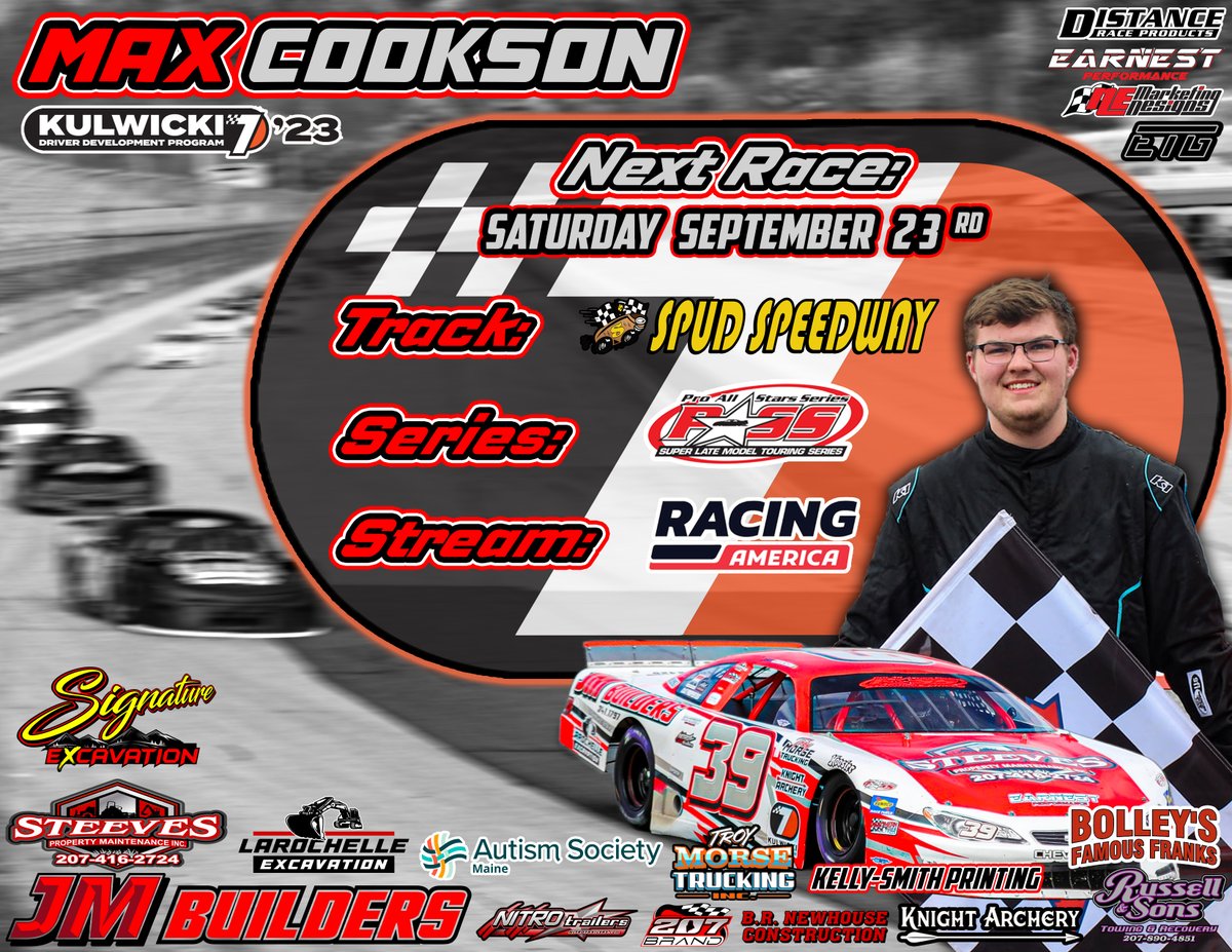 MaxJCookson's tweet photo. 🏁 Off to Northern Maine for the Feed the County 150! Heading to Spud Speedway with a 79-point lead. 
 
📅 Saturday 9/23: 
9a: Gates open 
10:30a: #39 SLM practice 
12:20p: Meet &amp; Greet 
1p: Heats start 
Live on Racing https://t.co/vYJP1Zzmug

@KulwickiDDP 
#KDDP
#RacingForAlan https://t.co/6QJActZQEE