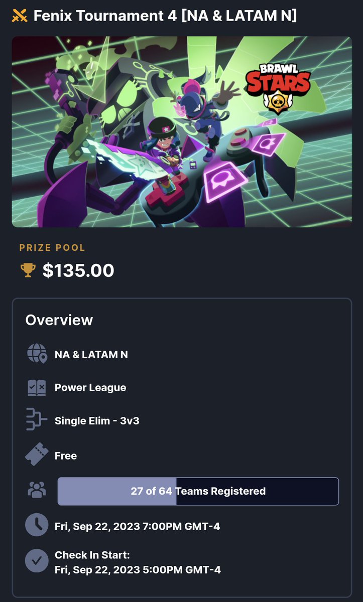 #BS | Fenix Tournament NA &amp; LATAM N

Quedan pocas horas para inscribirse, no olviden realizar el check-in el cual inicia en 2 horas y 30 minutos (3:00pm 🇲🇽)

matcherino.com/t/fenixtournam…