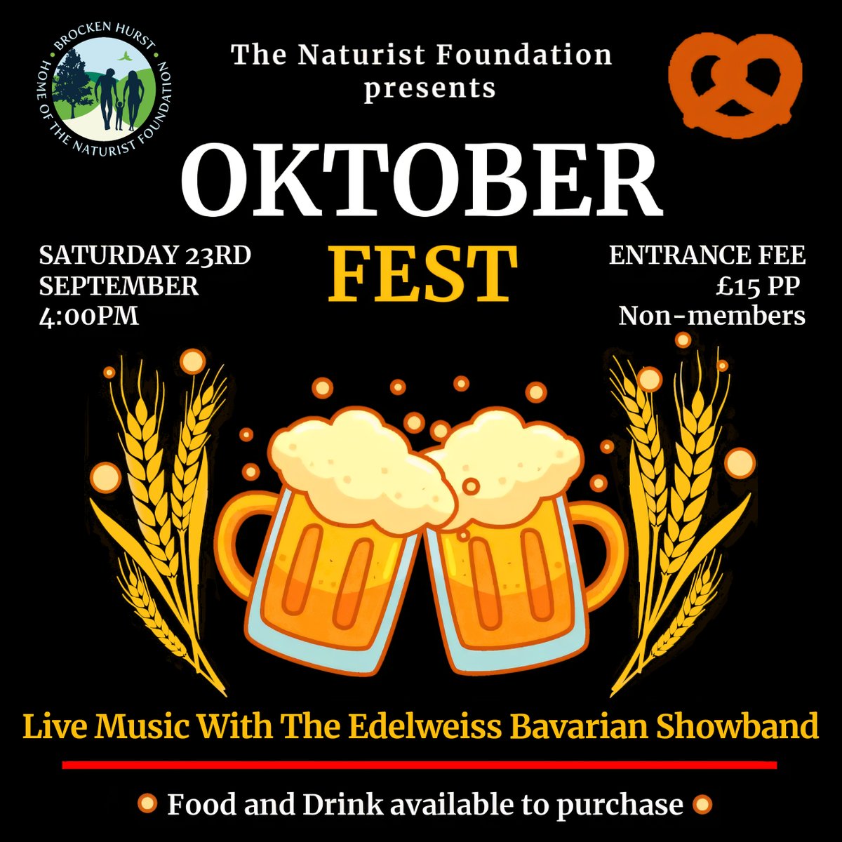 The German beer will start following tomorrow at 4pm for our #Oktoberfest, with 'ABK Hell' lager and live oompah music from The Edelweiss Bavarian Showband.

Charge you steins here!
🍻 naturistfoundation.org/oktoberfest
#Prost!

#Oktoberfest2023 #Wiesn2023 #BeerFestival #beer