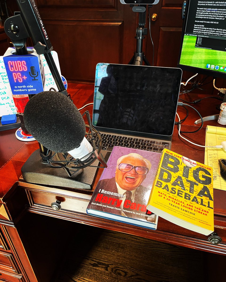 CubsPSPlus's tweet photo. Recording Episode 53 today! The books I use to prop my mic for the camera kind of summarize me as a fan and hopefully come through in the pod. Thanks for all of the support! #Cubs #CubsPSPlus #BaseballPod https://t.co/421yPIwoGT