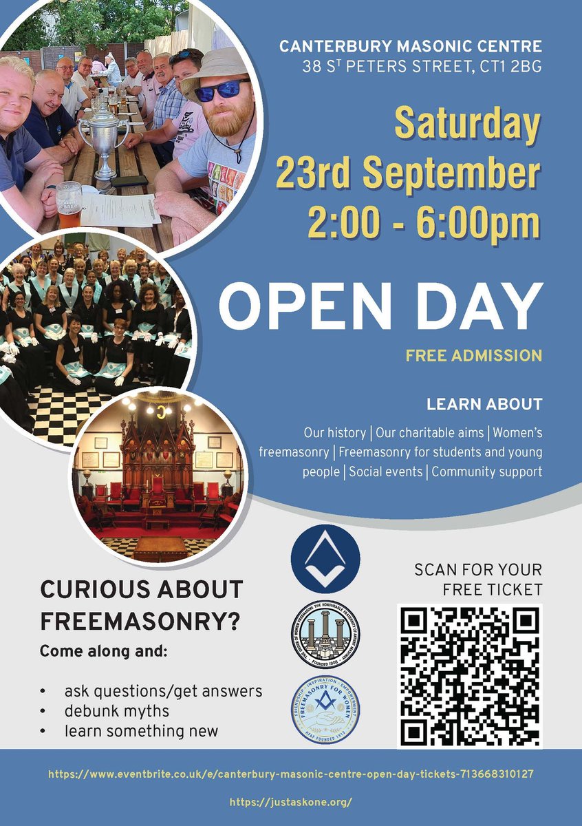 If you're interested in #Freemasonry and are a @UniKent, @CanterburyCCUni, or @UniCreativeArts student in Canterbury, then come to our Open Day tomorrow (23rd Sept) from 2-6pm. #students #canterbury #Freemasonry #charity #benevolence #friendship #history