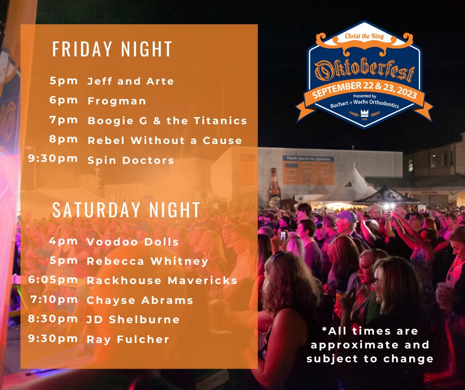 Check out this weekend's CTKOktoberfest music line-up! The music starts TONIGHT at 5 pm with Jeff and Arte. #Oktoberfest #BuchartandWachsOrthodontics #Orthodontics #PresentingSponsor #Smile #ctkoktoberfest23