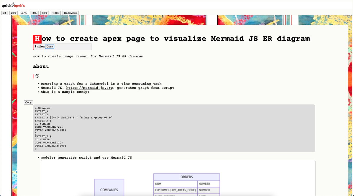quickapeks's tweet photo. Hi #orclapex @OracleAPEX Developers!

You may need a ERD in your application to show datamodel. We use Mermaid JS @mermaidjs_  to do so.
https://t.co/3k2QQzoYoc https://t.co/T4BhwizJkH