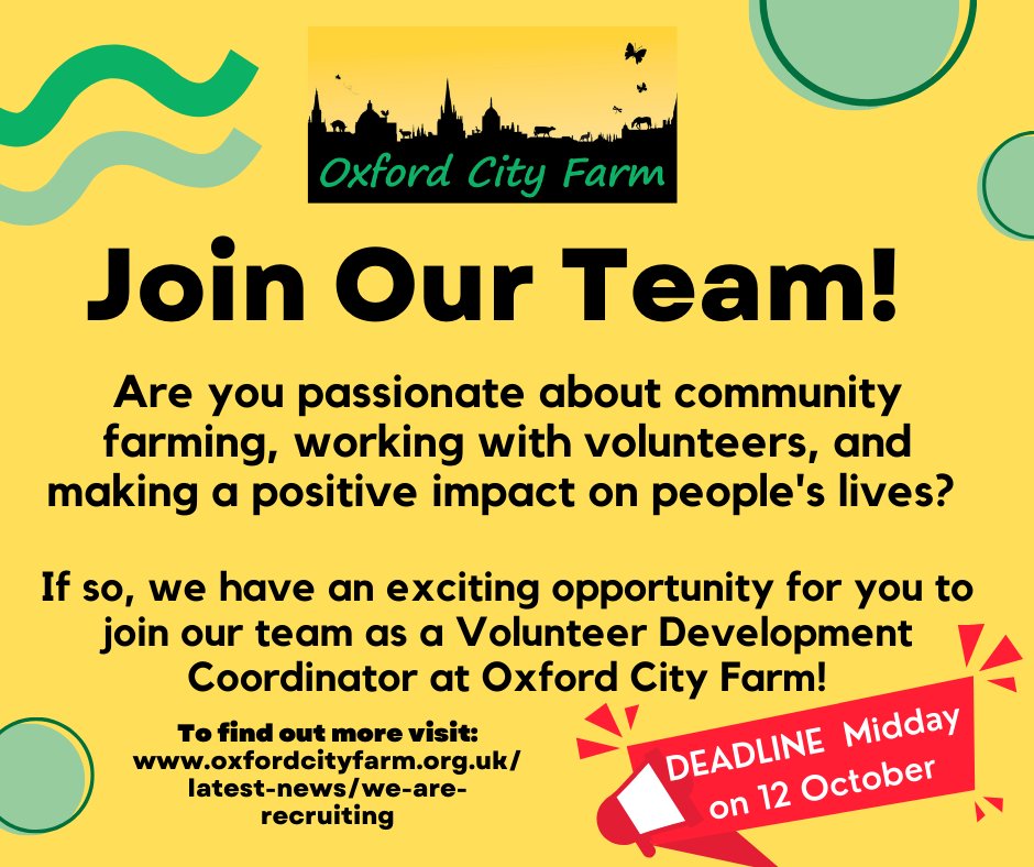 Could you be our newest team member to join Oxford City Farm? We are looking for a Volunteer Development Coordinator to join us as soon as possible. Visit our website to find out more and apply today: oxfordcityfarm.org.uk/lates.../we-ar…