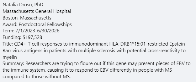 SammyJoLDN's tweet photo. @tim_coetzee Tim this is great news! And huge thanks to @mssociety
for funding Harvard to investigate HLA-DRB1*15:01 & EBV interactions! Natalia is also running the antiviral trial funded by patient-led @SolvingMS.
We need research to confirm theory #EBVcausesMS! https://t.co/mV7S65Es8l