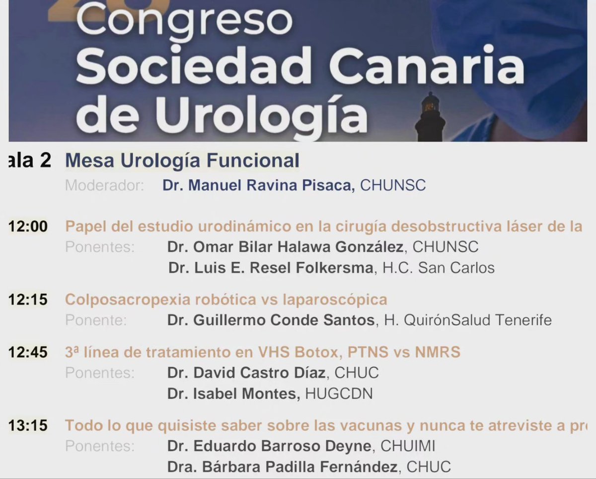 Muchas gracias a la Sociedad Canaria de Urología por la invitación a hablar junto a Dr. David Castro sobre la 3° línea de tratamiento en vejiga hiperactiva en su 28 Congreso.
¡¡Felicidades a mis excelentes compañeros de mesa!!