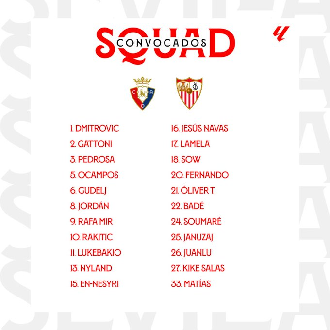 elchiringuitotv's tweet photo. ‼️ Sergio Ramos, baja contra Osasuna por una sobrecarga. 

❌ Además del camero, se caen por lesión Suso y Mariano. 

📝Convocatoria del Sevilla para jugar en Pamplona. https://t.co/ER6LaalHJN