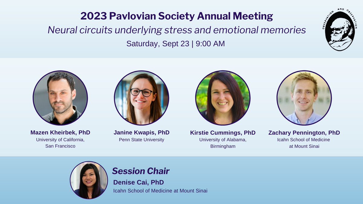 denisejcai's tweet image. Excited to be chairing a session @PavlovSociety  TOMORROW! Join me on Saturday 9/23 at 9am along with the brilliant @mazen_kheirbek, @J9Kwapis, @not_kristie &amp;amp; @ZachTPennington to discuss all things stress and memory! 🧠🤩 #Pavlovian2023