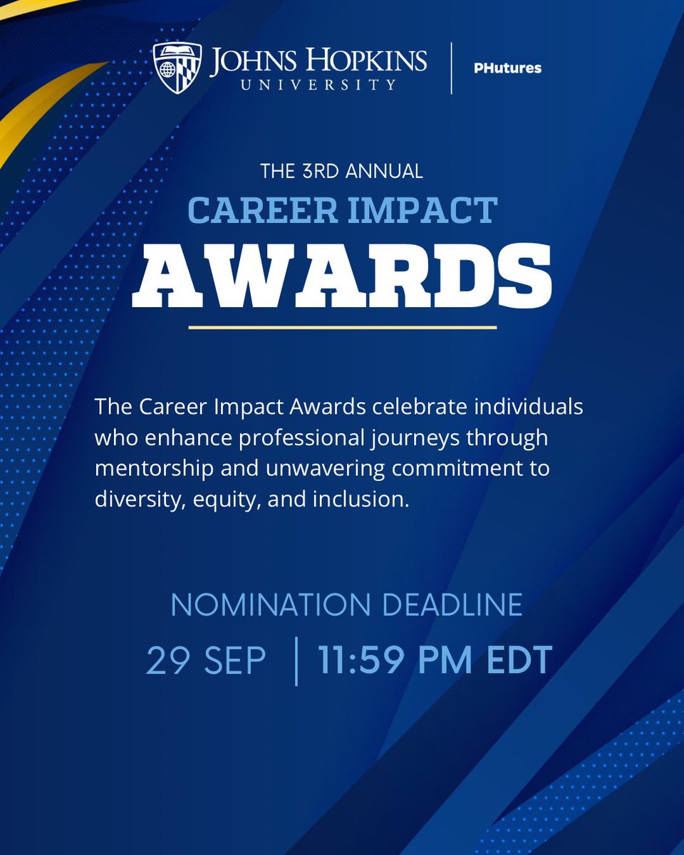⌛️ Only 7 days left to nominate for the 3rd Annual Career Impact Awards at JHU! 

Spotlight those who uplift, mentor, and champion DEI. Make your voice heard before the September 29th deadline.

Nominate now: tinyurl.com/jhucareerimpac…